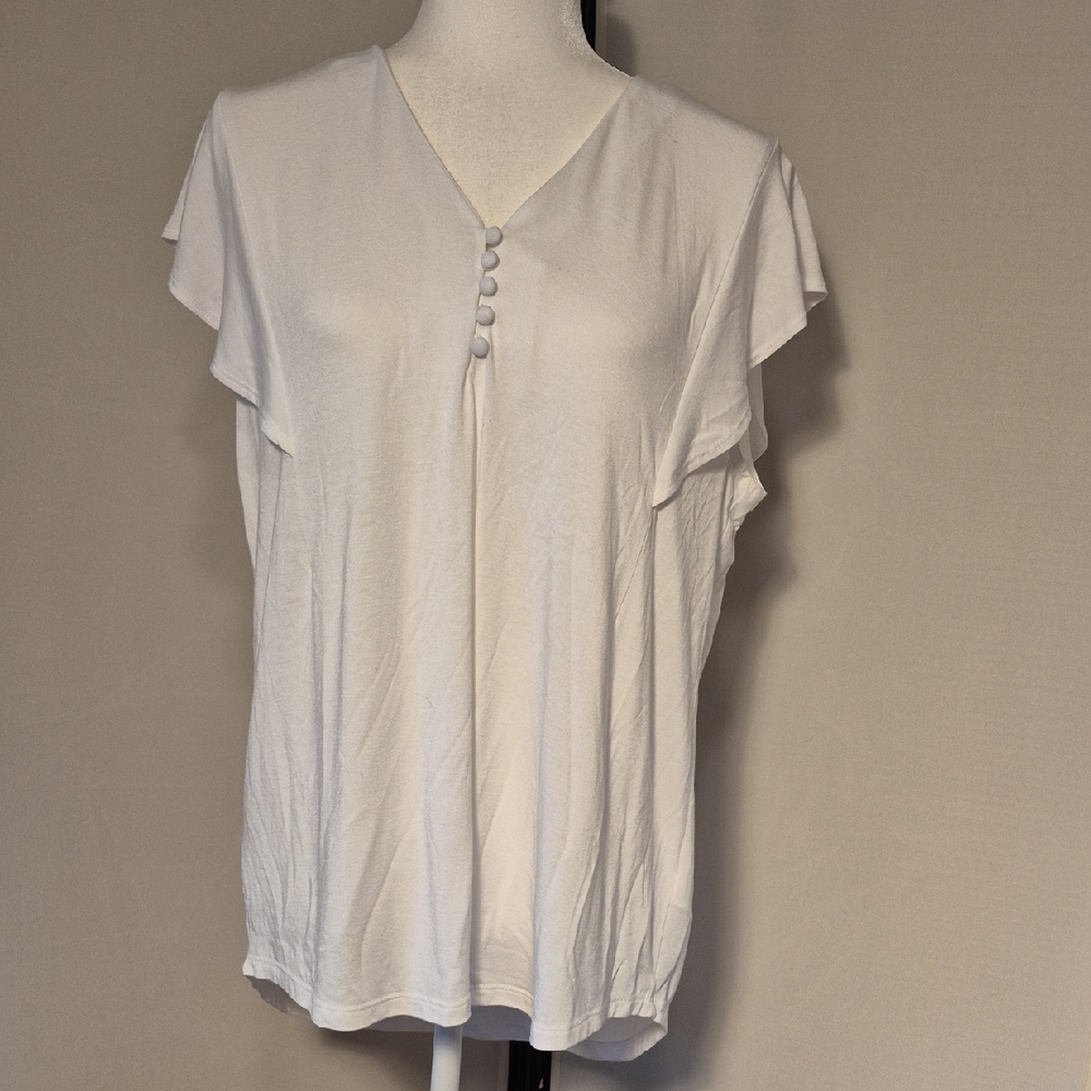 Liz Claiborne Elegant White V-Neck Flutter Cap Sleeve Women's Top - Sz. L